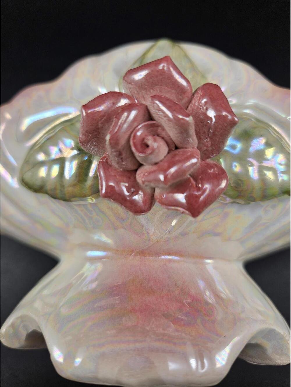 Vintage Pink Lusterware Footed Vanity Dish Rose & Leaf - Bridgerton Regencycore - Picture 4 of 15
